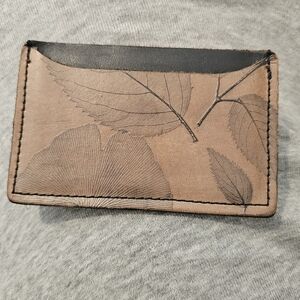 Embossed Slim Leather Tooled Ginkgo Leaf Minimalist Card Case Wallet‎ Handmade